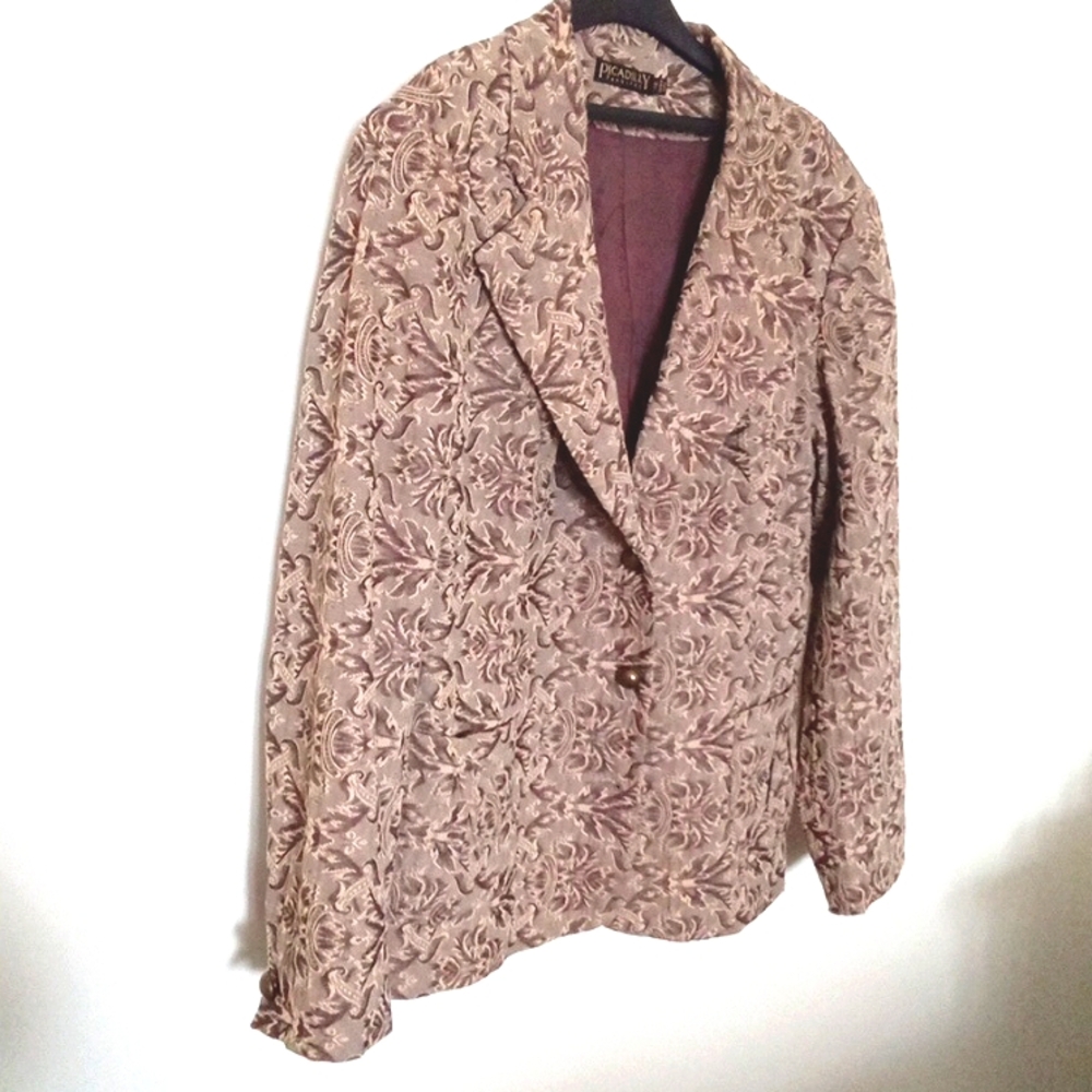Piccadilly Women's Floral Tan Jacquard Two Button Front Pocket Blazer Size 12